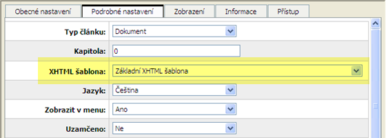 Výběr konkrétní XHTML šablony v dokumentu